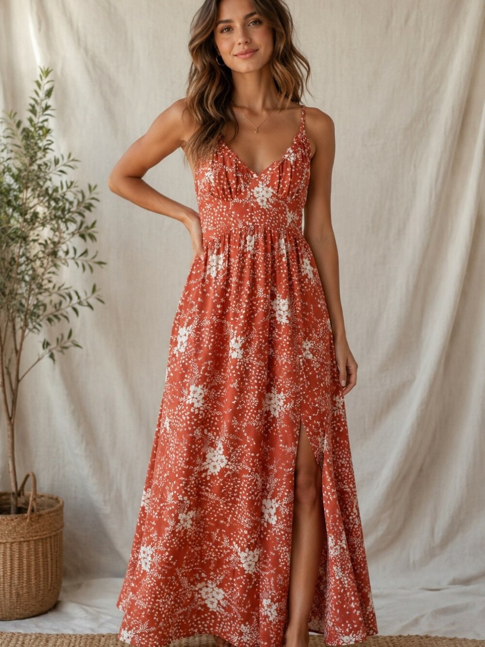 Simplee‎ Rust and White Floral Dress. Medium. Light Weight. Ankle Length. Summer
